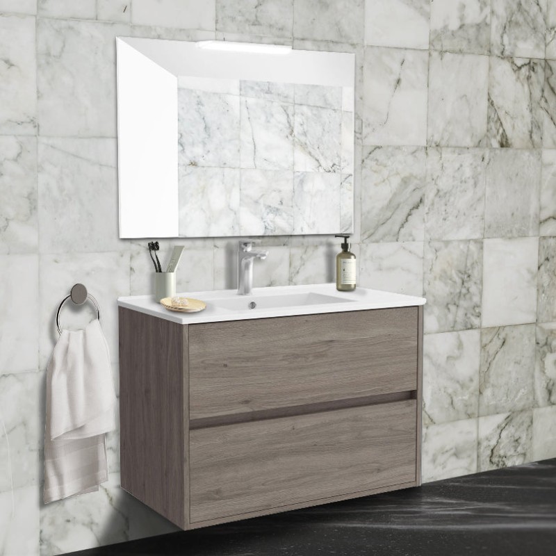 Meuble de salle de bain suspendu 70x45 cm en chêne foncé avec 2 tiroirs et lavabo inclus - Soria Meuble de salle de bain suspendu 70x45 cm en chêne foncé avec 2 tiroirs et lavabo inclus - Soria