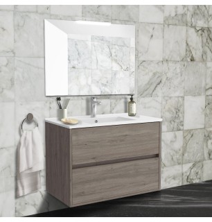 Armoire de toilette murale 80x45 cm chêne foncé avec 2 tiroirs et lavabo inclus - Noja