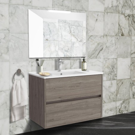 Armoire de toilette murale 80x45 cm chêne foncé avec 2 tiroirs et lavabo inclus - Noja