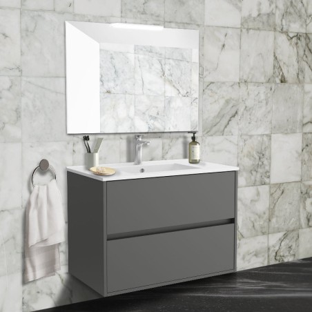Meuble de salle de bain suspendu gris mat 70x45 cm avec 2 tiroirs et lavabo inclus - Noja