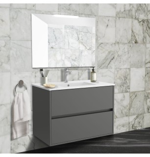 Meuble de salle de bain suspendu gris mat 80x45 cm avec 2 tiroirs et lavabo inclus - Noja