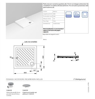 Receveur de douche carré 80x80 cm avec écoulement latéral - Gemma 2 | Ceramica Dolomite