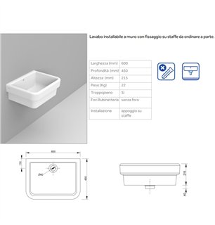 60x45 cm lavabo en céramique blanche avec trop-plein - Virginia | Dolomite