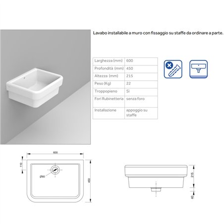 60x45 cm lavabo en céramique blanche avec trop-plein - Virginia | Dolomite