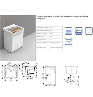 Lavabo en céramique 61x50 cm avec trou pour mitigeur - Revine | Dolomite