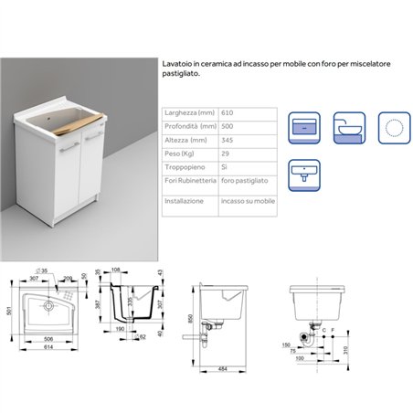 Lavabo en céramique 61x50 cm avec trou pour mitigeur - Revine | Dolomite