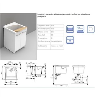 Lavabo en céramique 61x61 cm avec trou pour mélangeur - Revine | Dolomite