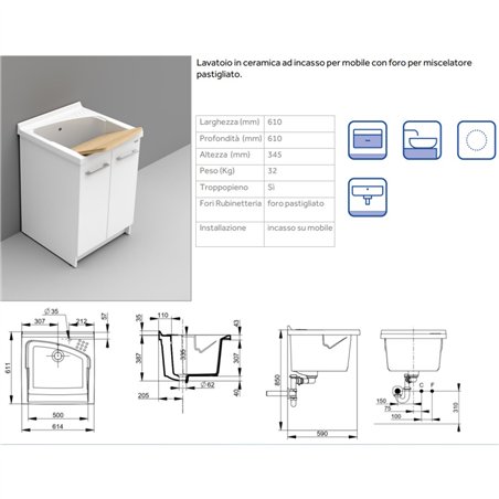 Lavabo en céramique 61x61 cm avec trou pour mélangeur - Revine | Dolomite