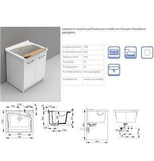 Lavabo en céramique 75x61 cm avec trou pour mélangeur - Revine | Dolomite