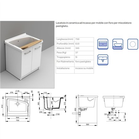 Lavabo en céramique 75x61 cm avec trou pour mélangeur - Revine | Dolomite