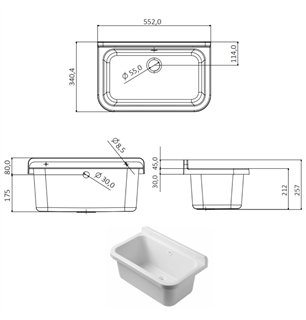 Lavabo à faible encombrement avec kit de vidange 55x34x80