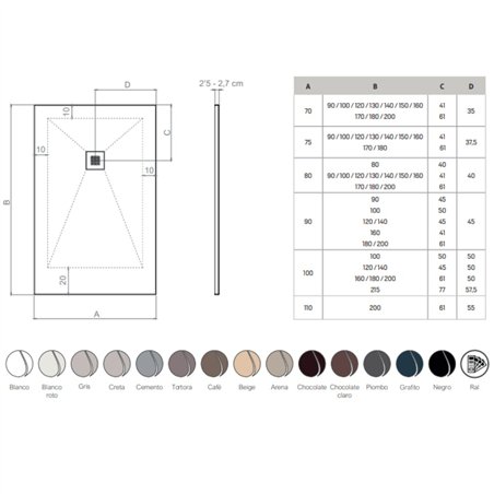 Receveur de douche en résine couleur ciment 75x170 cm avec grille et bonde - Showey