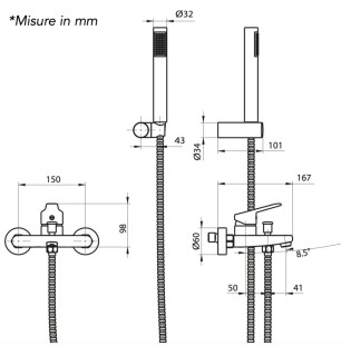 Mélangeur baignoire avec douchette duplex chromée Ø40 mm et flexible 150 cm - Timeless | Tecom