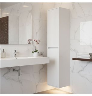 Colonne de salle de bain suspendue 140x30 cm avec 4 étagères en verre blanc brillant - Soria