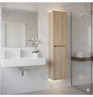 Colonne de salle de bain suspendue 140x30 cm avec 4 étagères en verre coloris chêne clair Caledonia - Noja