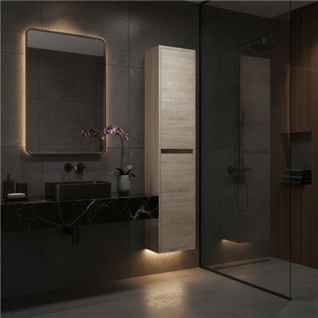 Colonne de salle de bain suspendue 140x30 cm avec 4 étagères en verre coloris chêne clair Caledonia - Soria
