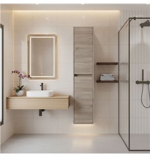 Colonne de salle de bain suspendue 140x30 cm avec 4 étagères en verre coloris chêne foncé Eternity - Noja