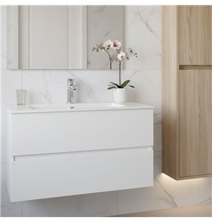 Meuble de salle de bain suspendu 60x45 cm blanc brillant avec 2 tiroirs et lavabo inclus - Soria