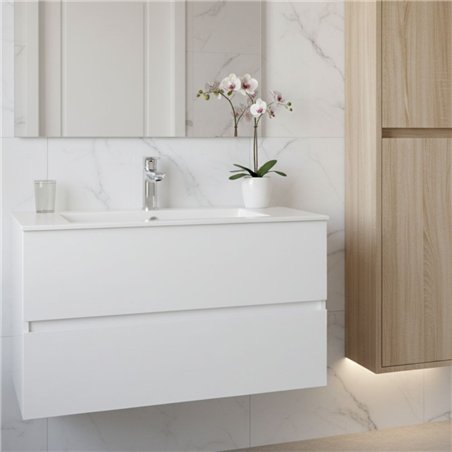 Meuble de salle de bain suspendu 60x45 cm blanc brillant avec 2 tiroirs et lavabo inclus - Soria