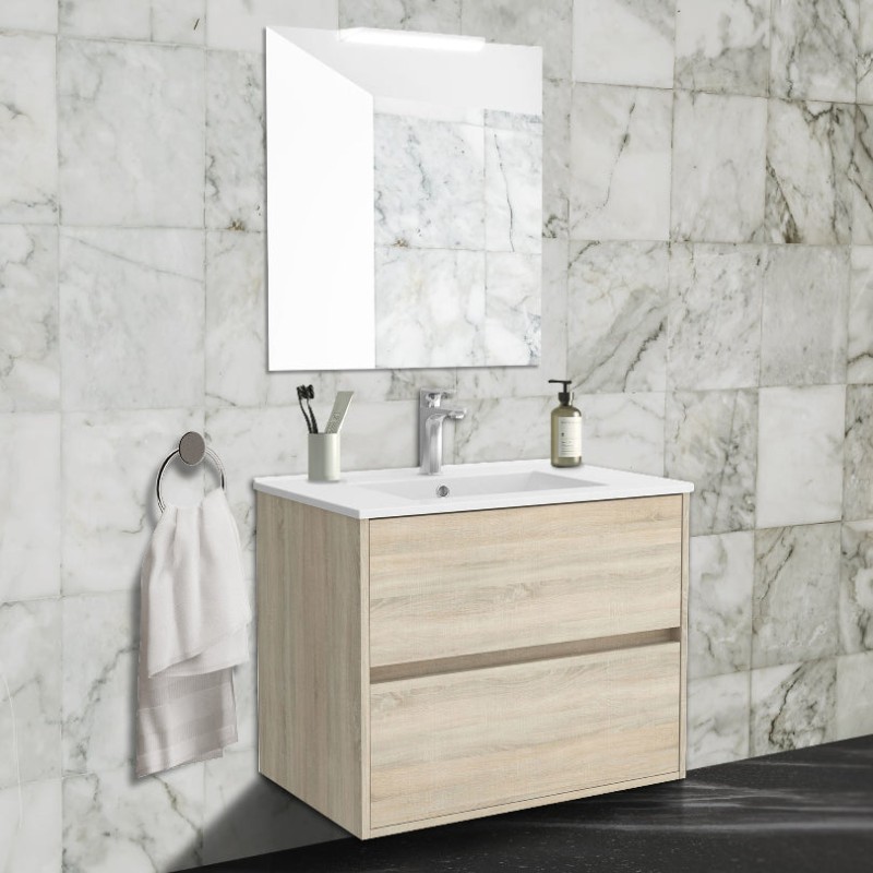 Meuble de salle de bain suspendu 70x45 cm en chêne clair avec 2 tiroirs et lavabo inclus - Soria Meuble de salle de bain suspendu 70x45 cm en chêne clair avec 2 tiroirs et lavabo inclus - Soria