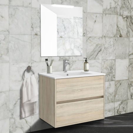 Meuble de salle de bain suspendu 70x45 cm en chêne clair avec 2 tiroirs et lavabo inclus - Noja