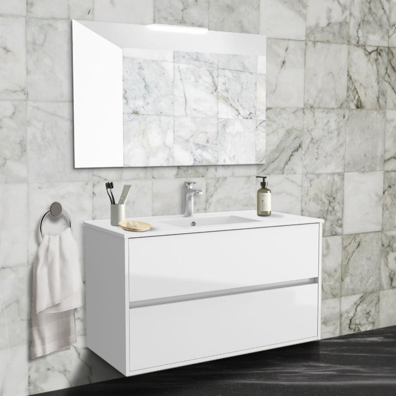 Meuble de salle de bain suspendu blanc brillant 80x45 cm avec 2 tiroirs et lavabo inclus - Soria Meuble de salle de bain suspendu blanc brillant 80x45 cm avec 2 tiroirs et lavabo inclus - Soria