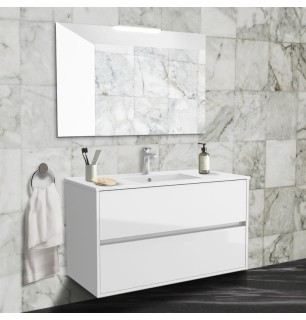 Meuble de salle de bain suspendu blanc brillant 90x45 cm avec 2 tiroirs et lavabo inclus - Noja