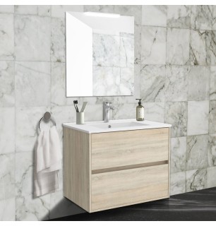 Armoire de toilette murale 80x45 cm chêne clair avec 2 tiroirs et lavabo inclus - Noja