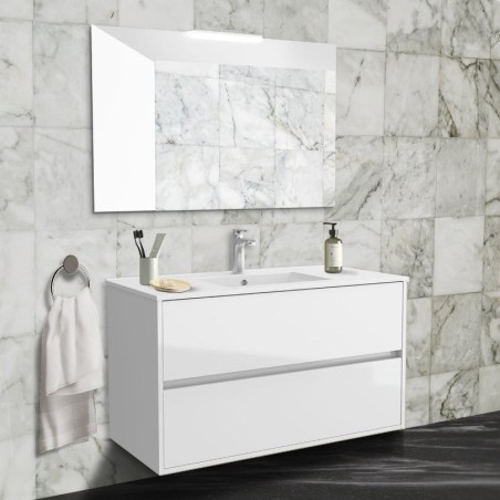 Meuble de salle de bain suspendu blanc brillant 100x45 cm avec 2 tiroirs et lavabo inclus - Noja