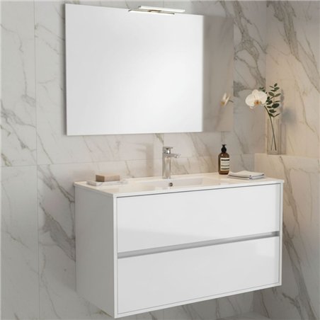 Meuble de salle de bain suspendu blanc brillant 70x45 cm avec 2 tiroirs et lavabo inclus - Soria