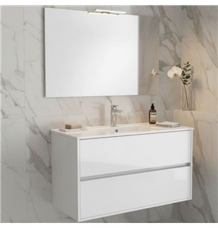 Meuble de salle de bain suspendu blanc brillant 100x45 cm avec 2 tiroirs et lavabo inclus - Soria