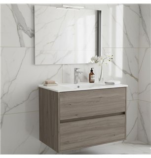 Meuble de salle de bain suspendu 80x45 cm chêne foncé avec 2 tiroirs et lavabo inclus - Soria