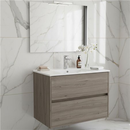 Meuble de salle de bain suspendu 80x45 cm chêne foncé avec 2 tiroirs et lavabo inclus - Soria