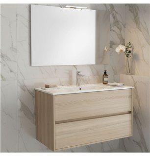Meuble de salle de bain suspendu 70x45 cm en chêne clair avec 2 tiroirs et lavabo inclus - Soria
