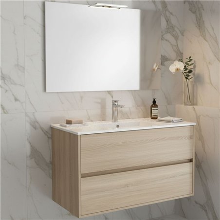 Meuble de salle de bain suspendu 70x45 cm en chêne clair avec 2 tiroirs et lavabo inclus - Soria