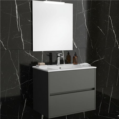 Meuble de salle de bain suspendu gris mat 80x45 cm avec 2 tiroirs et lavabo inclus - Soria