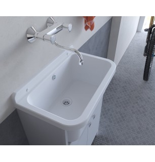 Lavabo blanc peu encombrant 55x34x80H avec baignoire et bonde de vidange