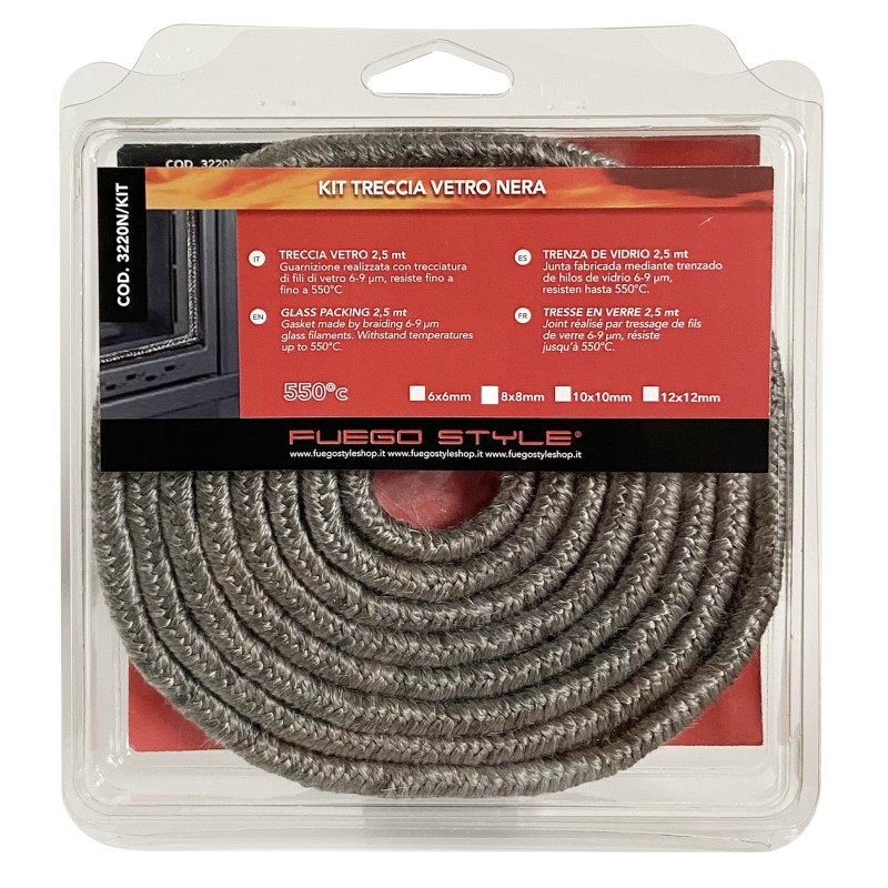 Joint tressé en verre noir 10x10 mm pour poêles et cheminées Joint tressé en verre noir 10x10 mm pour poêles et cheminées